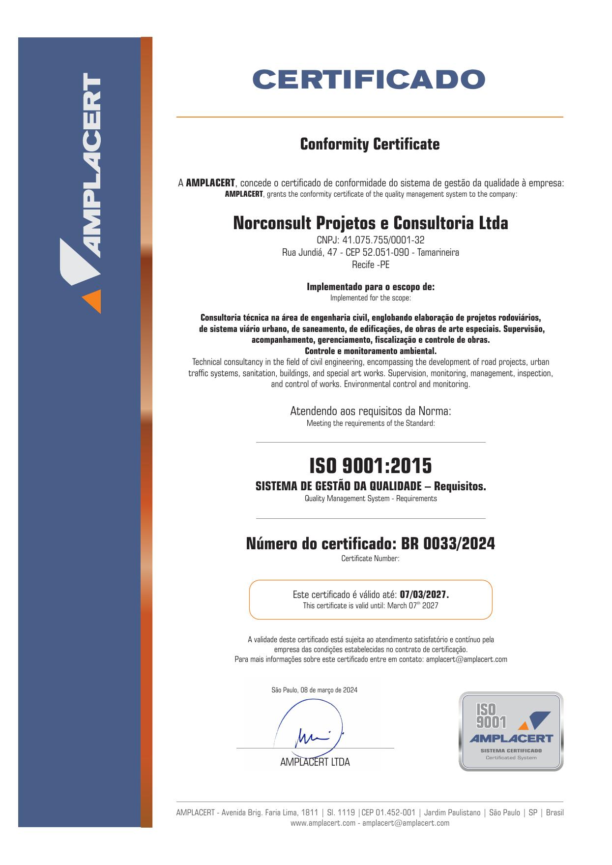 Certificado ISO 9001 – Norconsult