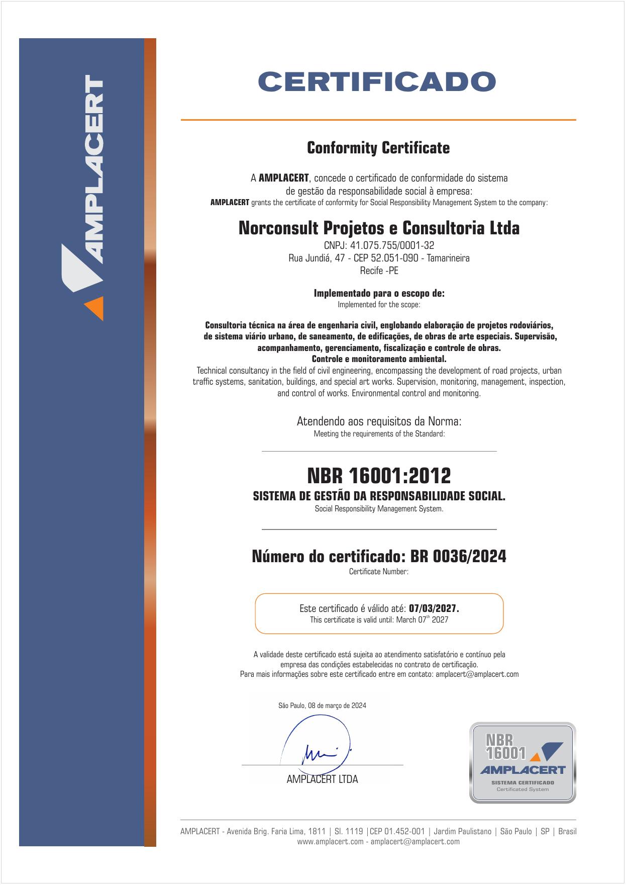 Certificado NBR 16001 – Norconsult